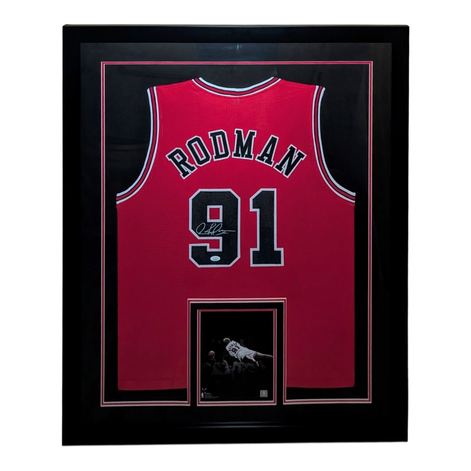Dennis Rodman Autographed Chicago Bulls (Red #91) Vertical Framed Jersey