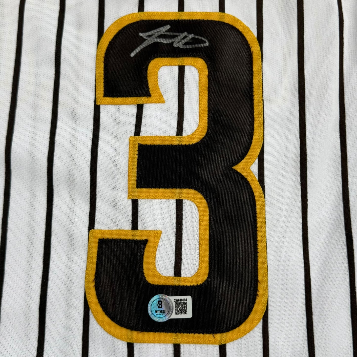 Jackson Merrill Autographed San Diego (White Pinstripe #3) Custom Jersey - Beckett