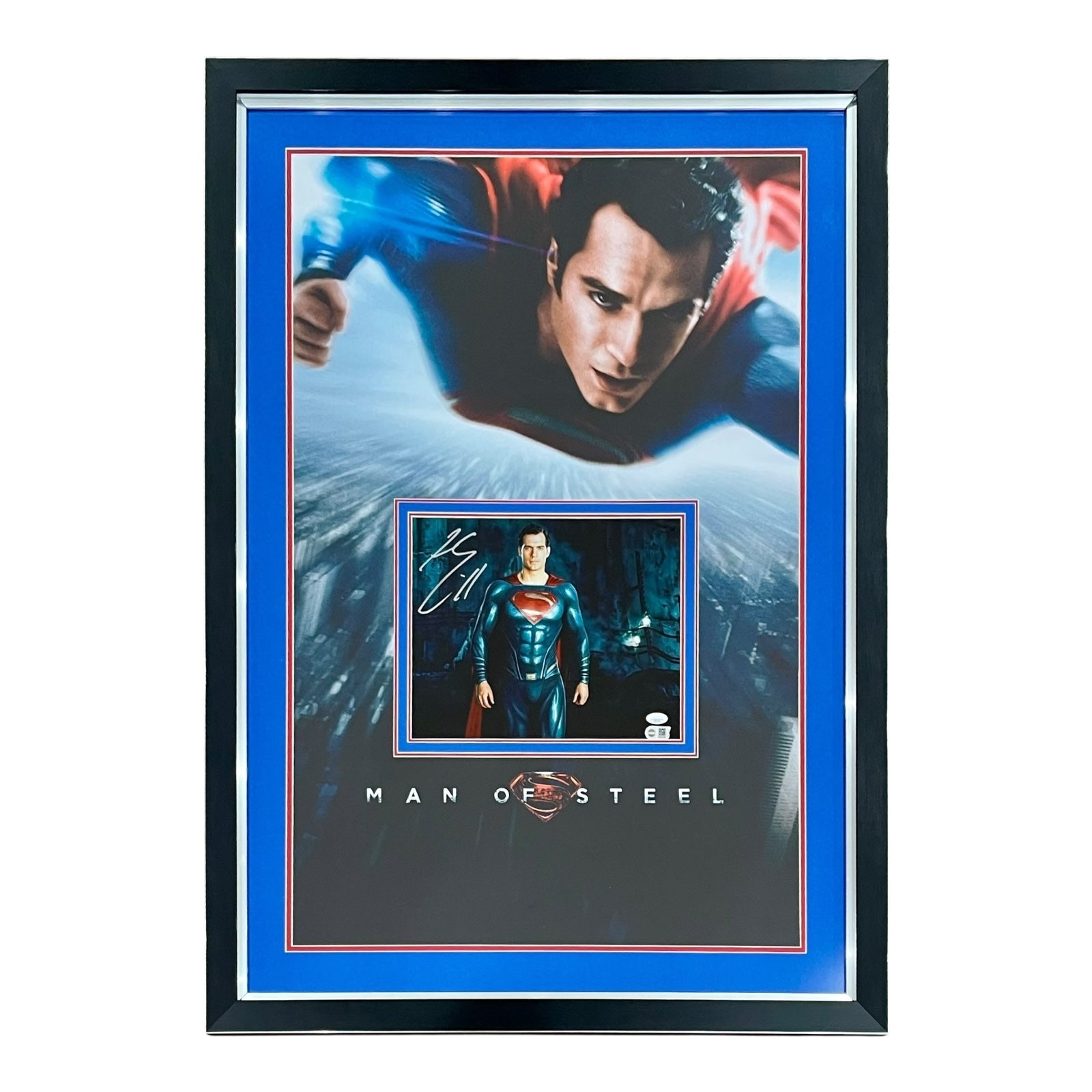 Superman Man of Steel Full-Size Movie Poster Deluxe Framed with Henry Cavill Autograph 11x14 Photo - SWAU JSA