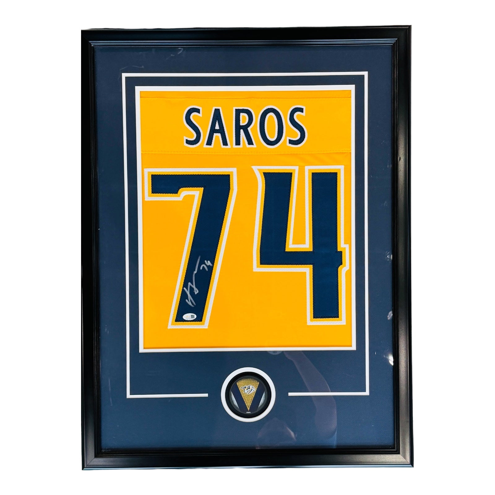 Juuse Saros Autographed Nashville Predators (Gold #74) Jersey Display Frame - JSA