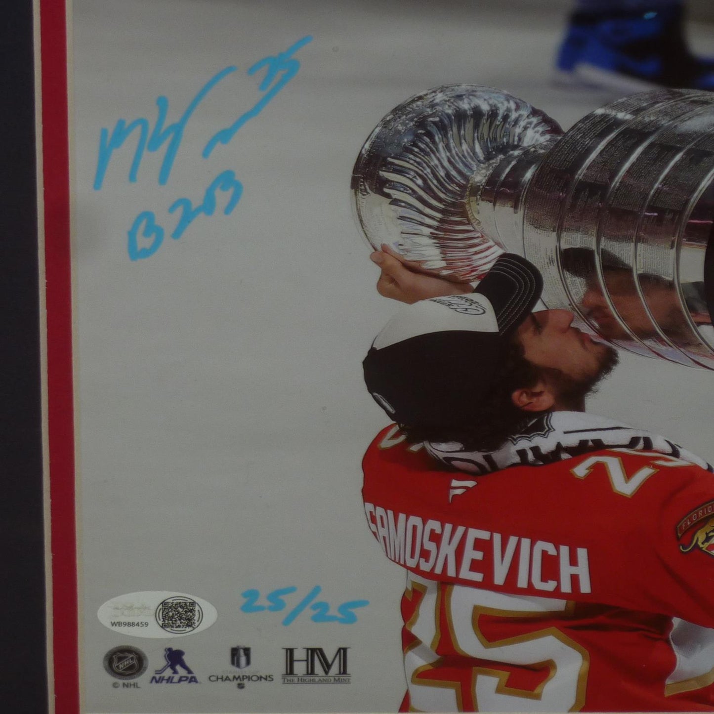 Mackie Samoskevich Autographed Florida Panthers (2025 Stanley Cup Trophy) Deluxe Framed 8x10 Photo w/ "B2B" - JSA