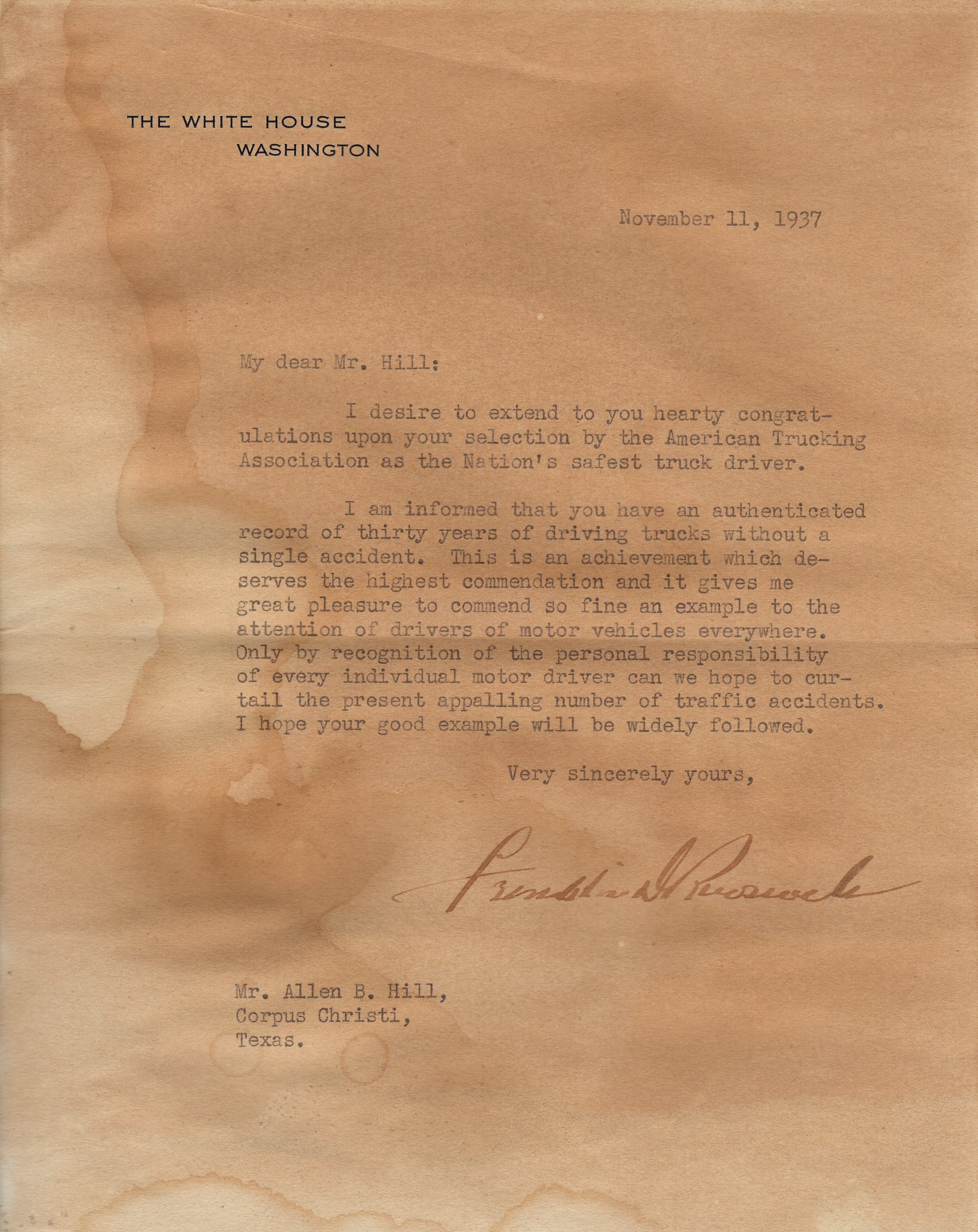 President Franklin D Roosevelt Autographed The White House Signed Typed Letter - JSA Letter
