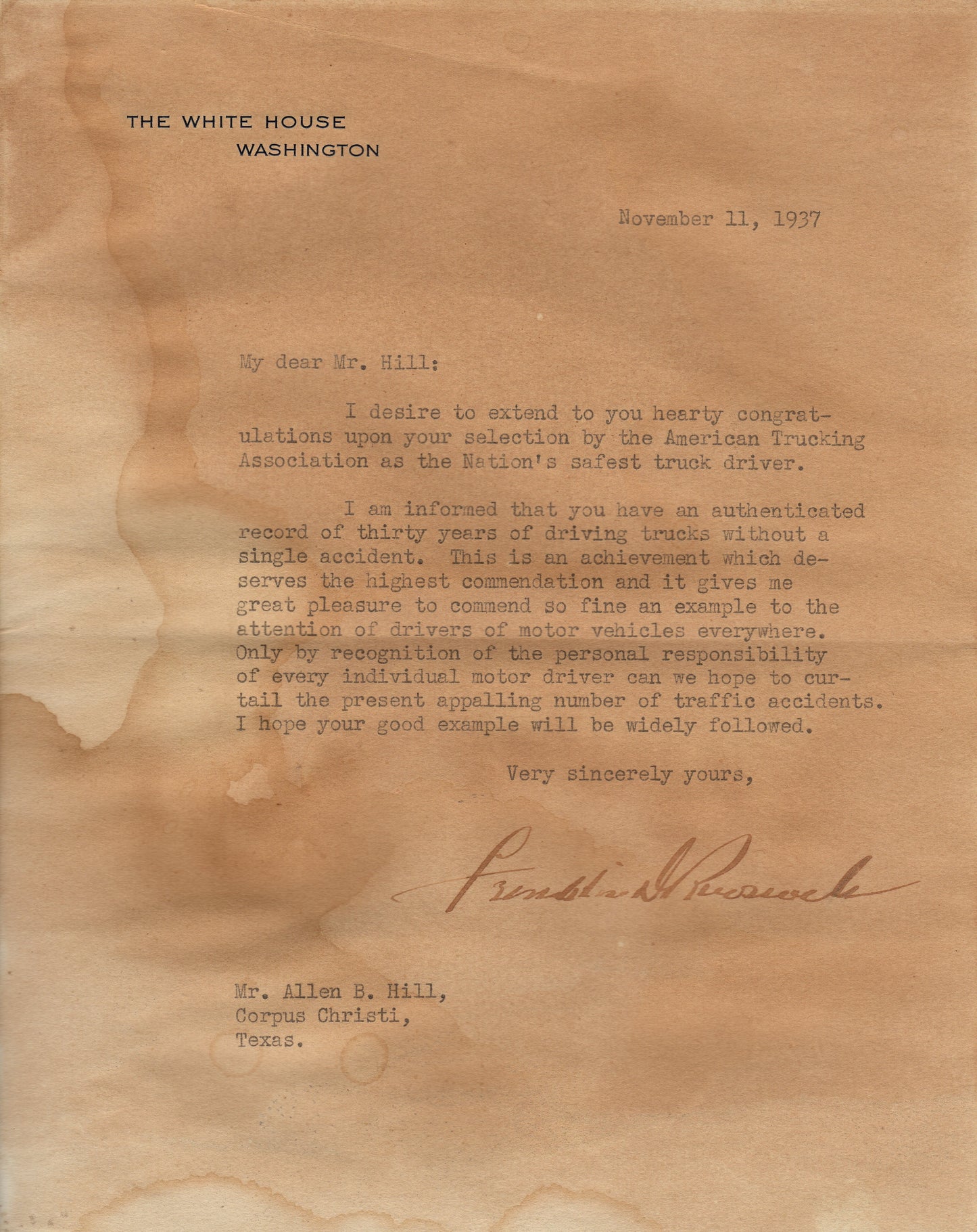 President Franklin D Roosevelt Autographed The White House Signed Typed Letter - JSA Letter