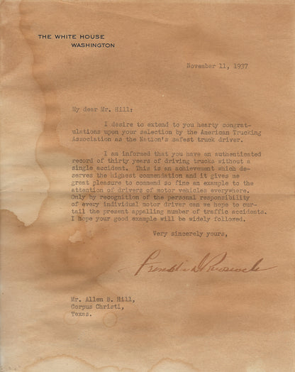 President Franklin D Roosevelt Autographed The White House Signed Typed Letter - JSA Letter