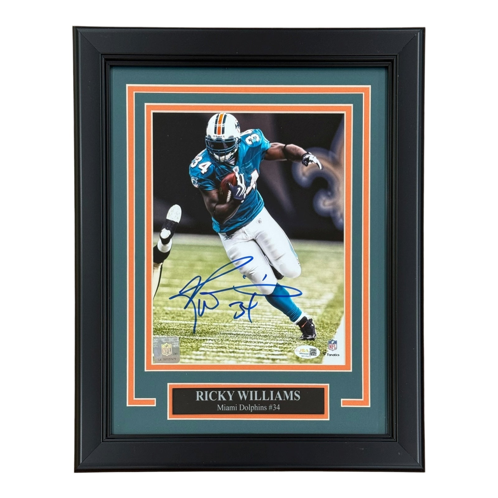 Ricky Williams Autographed Miami Dolphins (Action) Deluxe Framed 8x10 Photo - JSA