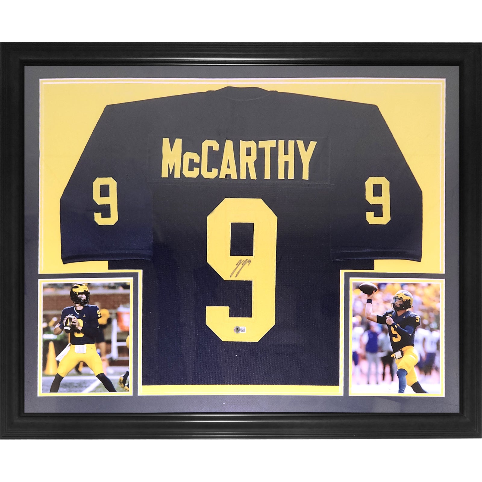 JJ McCarthy Autographed Michigan Wolverines (Blue #9) Deluxe Framed Jersey - Beckett
