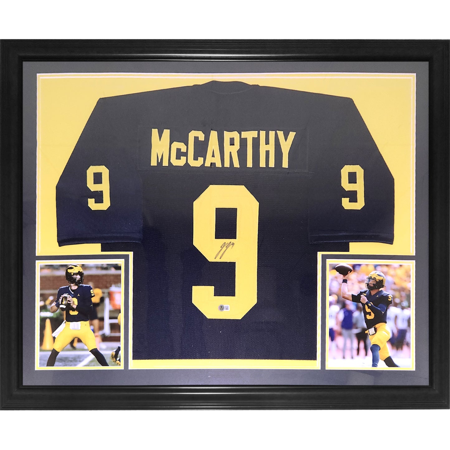 JJ McCarthy Autographed Michigan Wolverines (Blue #9) Deluxe Framed Jersey - Beckett
