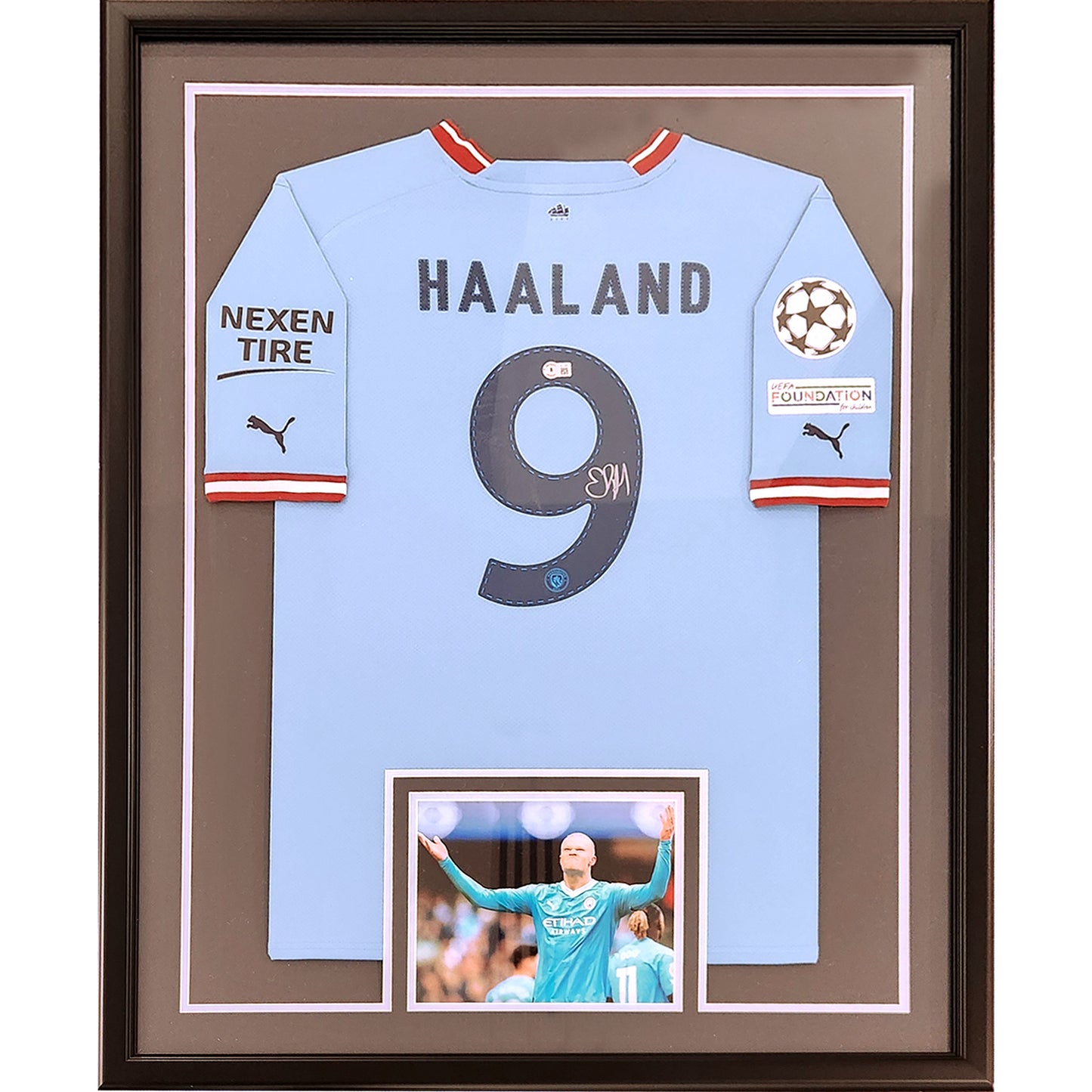 Erling Haaland Autographed Manchester City Ethiad 2022-23 (Blue #9) Vertical Framed Soccer Jersey - Beckett