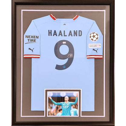 Erling Haaland Autographed Manchester City Ethiad 2022-23 (Blue #9) Vertical Framed Soccer Jersey - Beckett