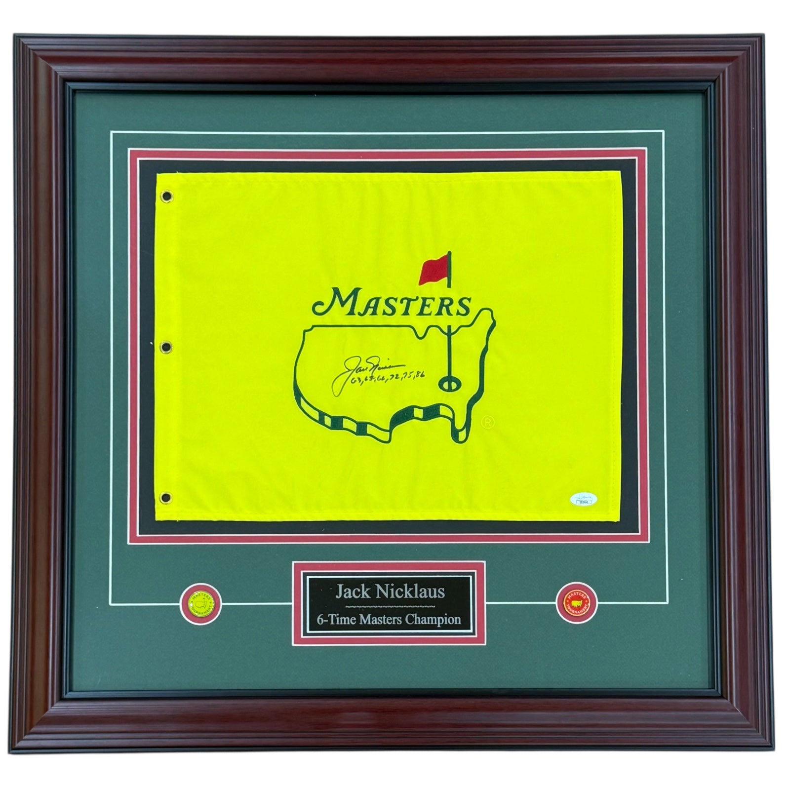 Jack Nicklaus Autographed Undated Masters Golf Pin Flag Deluxe Framed with Victory Dates Inscription - JSA