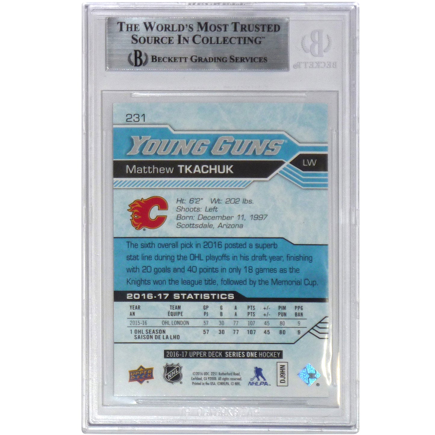 Matthew Tkachuk Autographed 2016-17 Upper Deck Young Guns 231 Rookie Card - Beckett