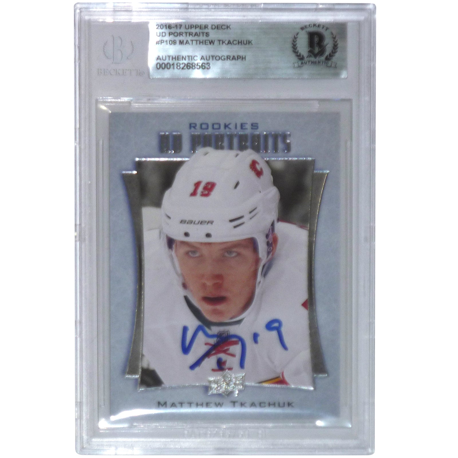 Matthew Tkachuk Autographed 2016-17 UD Portraits P109 Rookie Card - Beckett