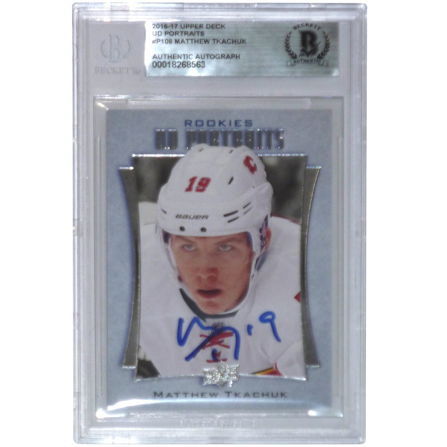 Matthew Tkachuk Autographed 2016-17 UD Portraits P109 Rookie Card - Beckett