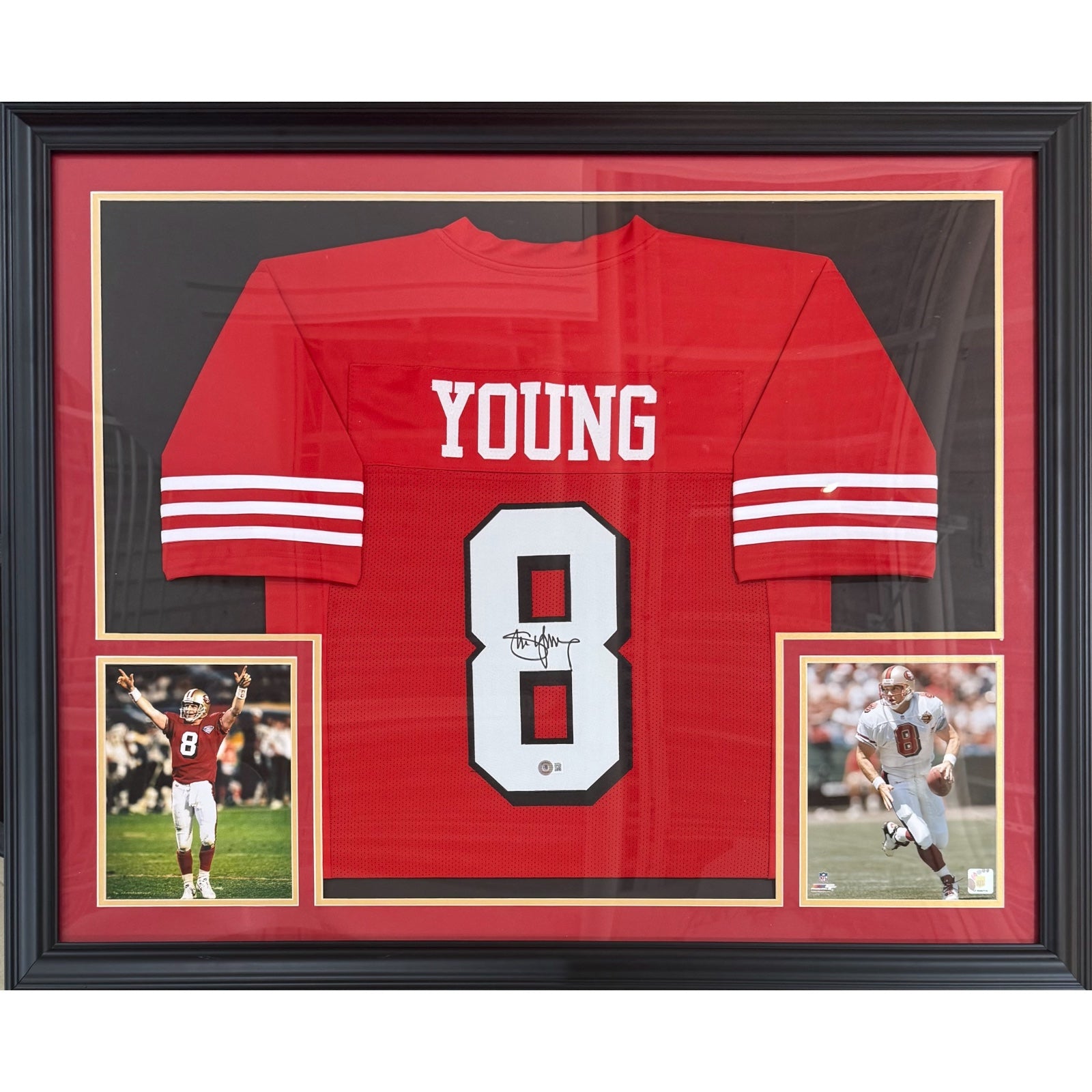 Steve Young Autographed San Francisco 49ers (Red #8) Deluxe Framed Jersey - JSA
