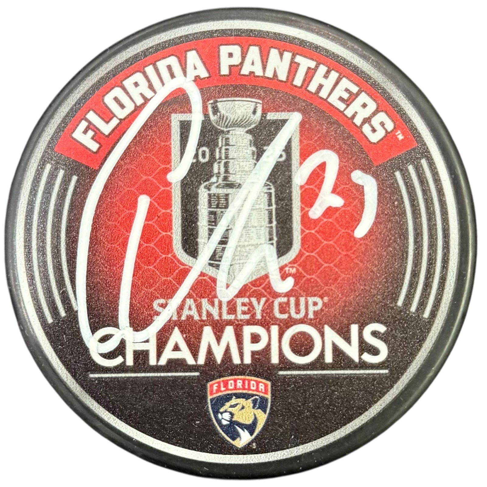 Carter Verhaeghe Autographed Florida Panthers (2025 Stanley Cup Champs Logo) Hockey Puck - JSA