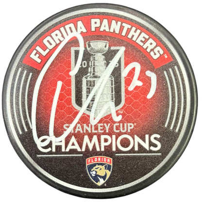 Carter Verhaeghe Autographed Florida Panthers (2025 Stanley Cup Champs Logo) Hockey Puck - JSA