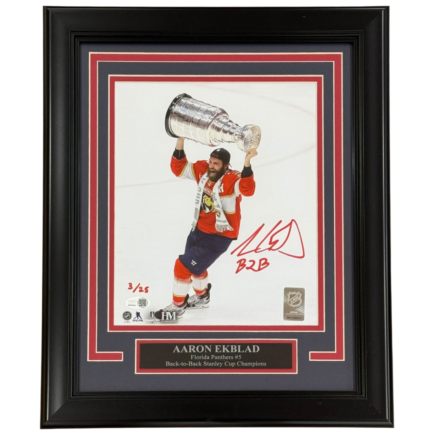 Aaron Ekblad Autographed Florida Panthers (2025 Stanley Cup Trophy) Deluxe Framed 8x10 Photo w/ "B2B" - JSA