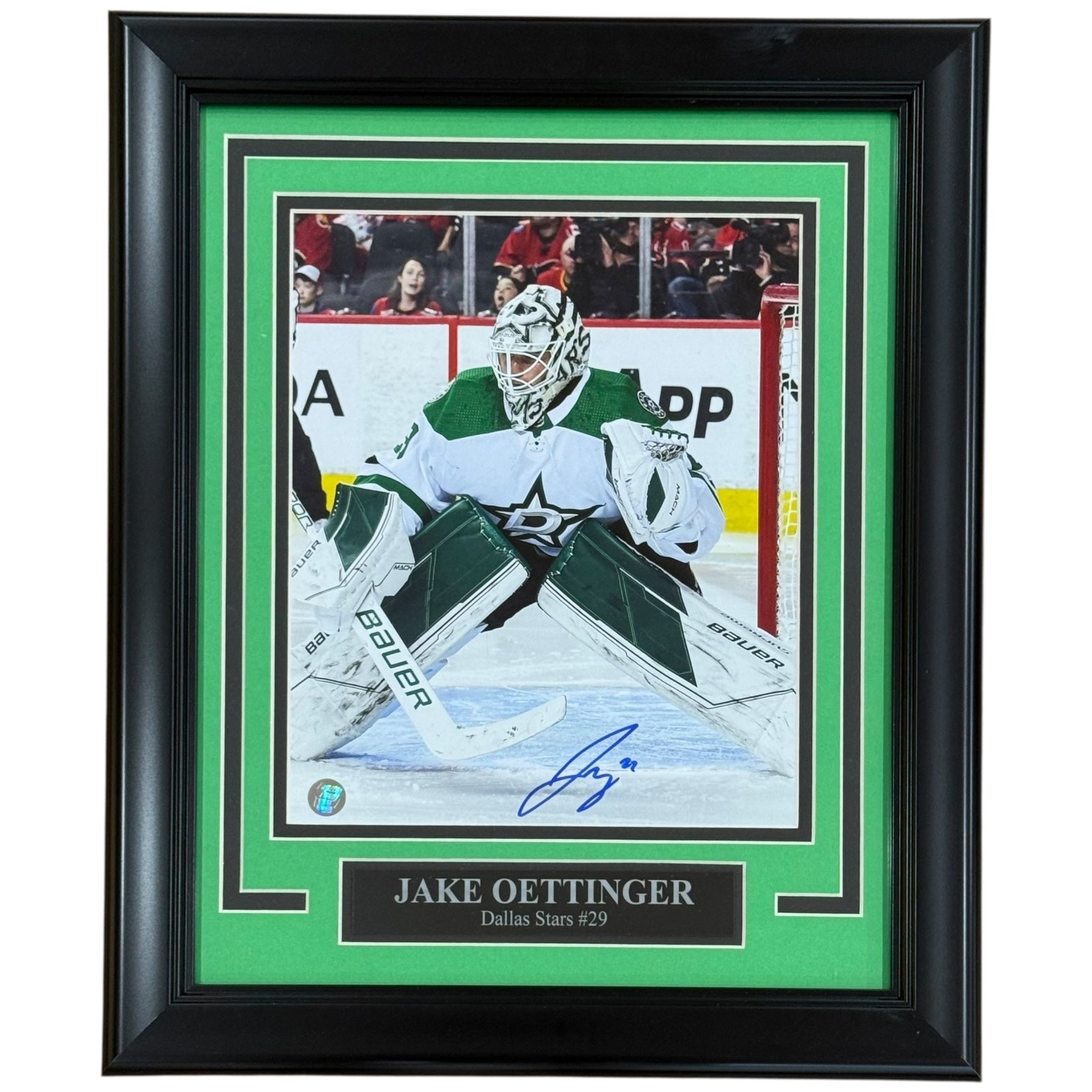 Jake Oettinger Autographed Dallas Stars (White Jersey) Deluxe Framed 8x10 Photo - Frozen Pond