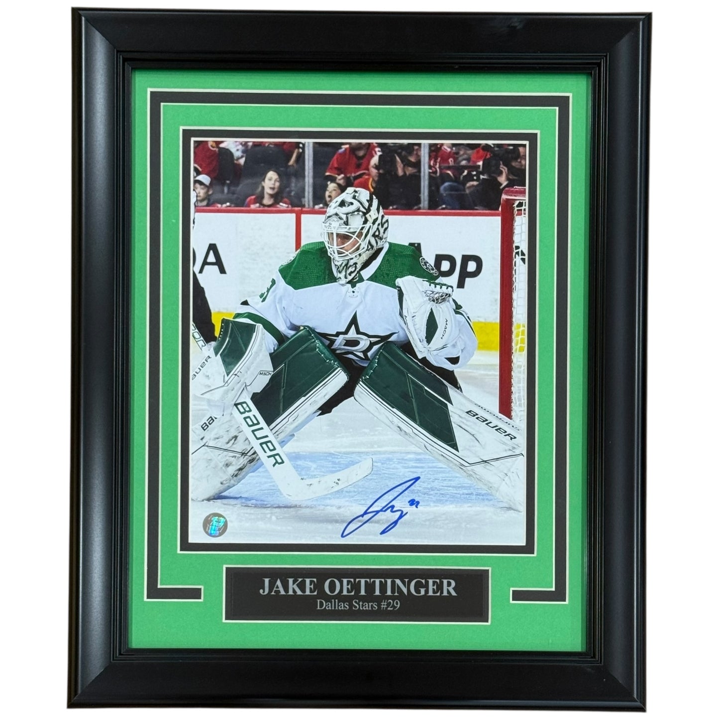 Jake Oettinger Autographed Dallas Stars (White Jersey) Deluxe Framed 8x10 Photo - Frozen Pond