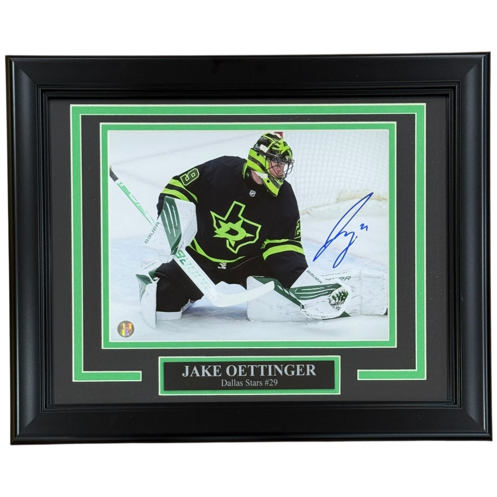 Jake Oettinger Autographed Dallas Stars (Blackout Jersey) Deluxe Framed 8x10 Photo - Frozen Pond