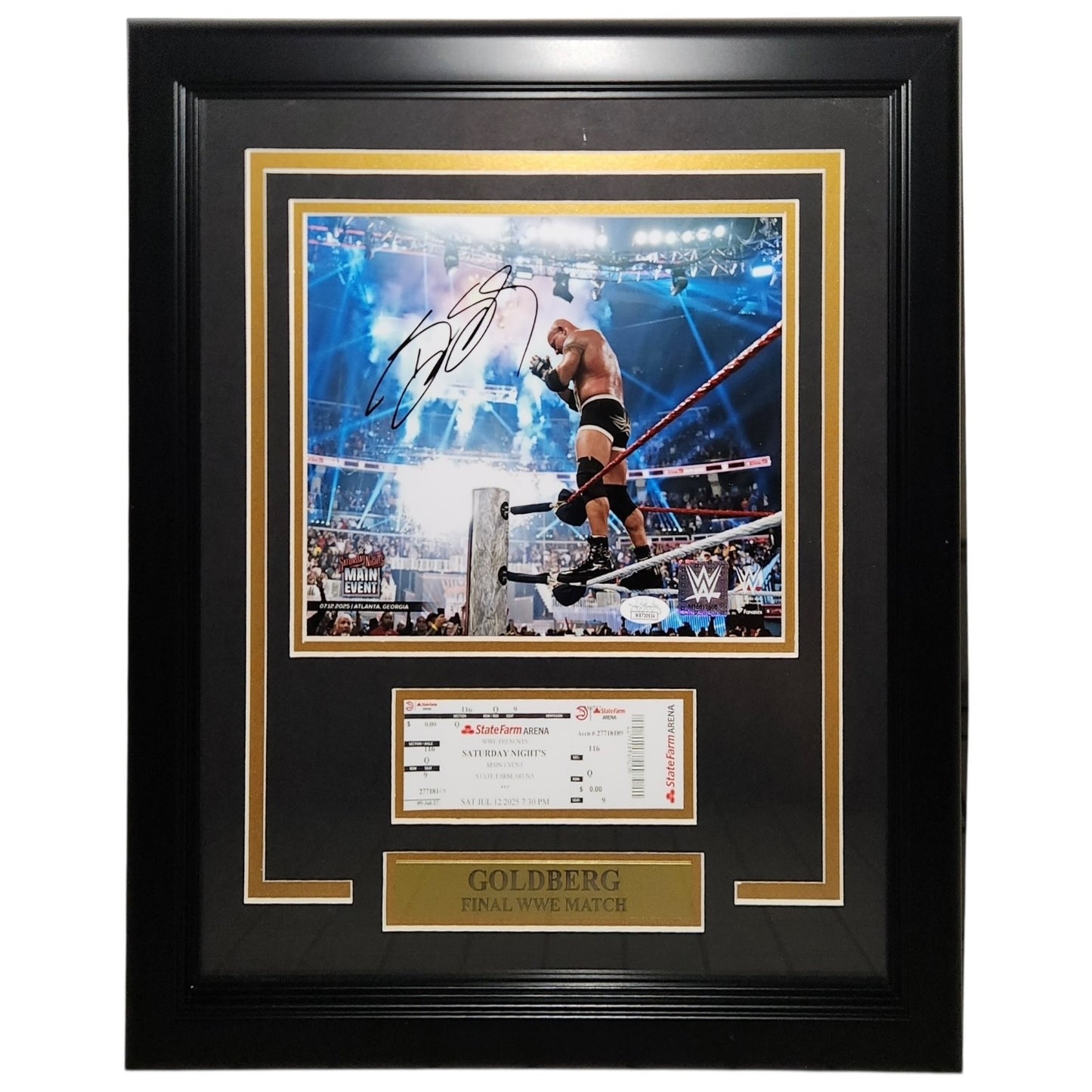 Goldberg Autographed WWE Wrestling (Final Match) Deluxe Framed 8x10 Photo with Replica Ticket - JSA
