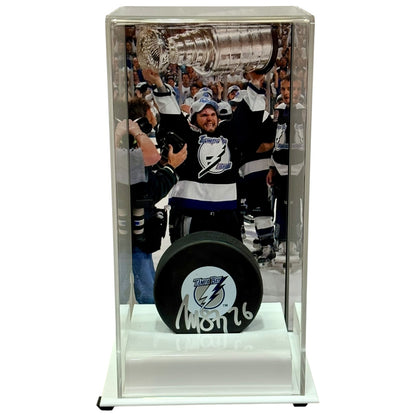 Martin St. Louis Autographed Tampa Bay Lightning Hockey Puck with Tall Case - JSA