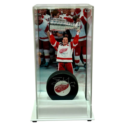 Steve Yzerman Autographed Detroit Red Wings Hockey Puck with Tall Case - JSA