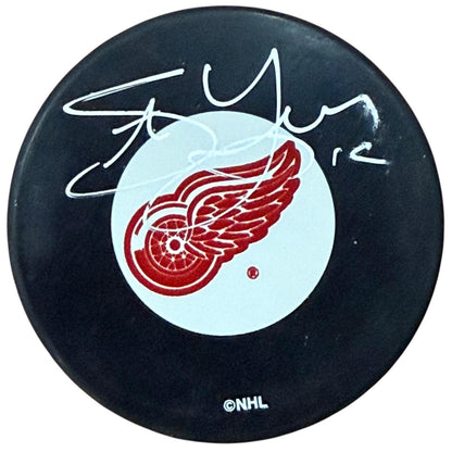 Steve Yzerman Autographed Detroit Red Wings Hockey Puck with Tall Case - JSA