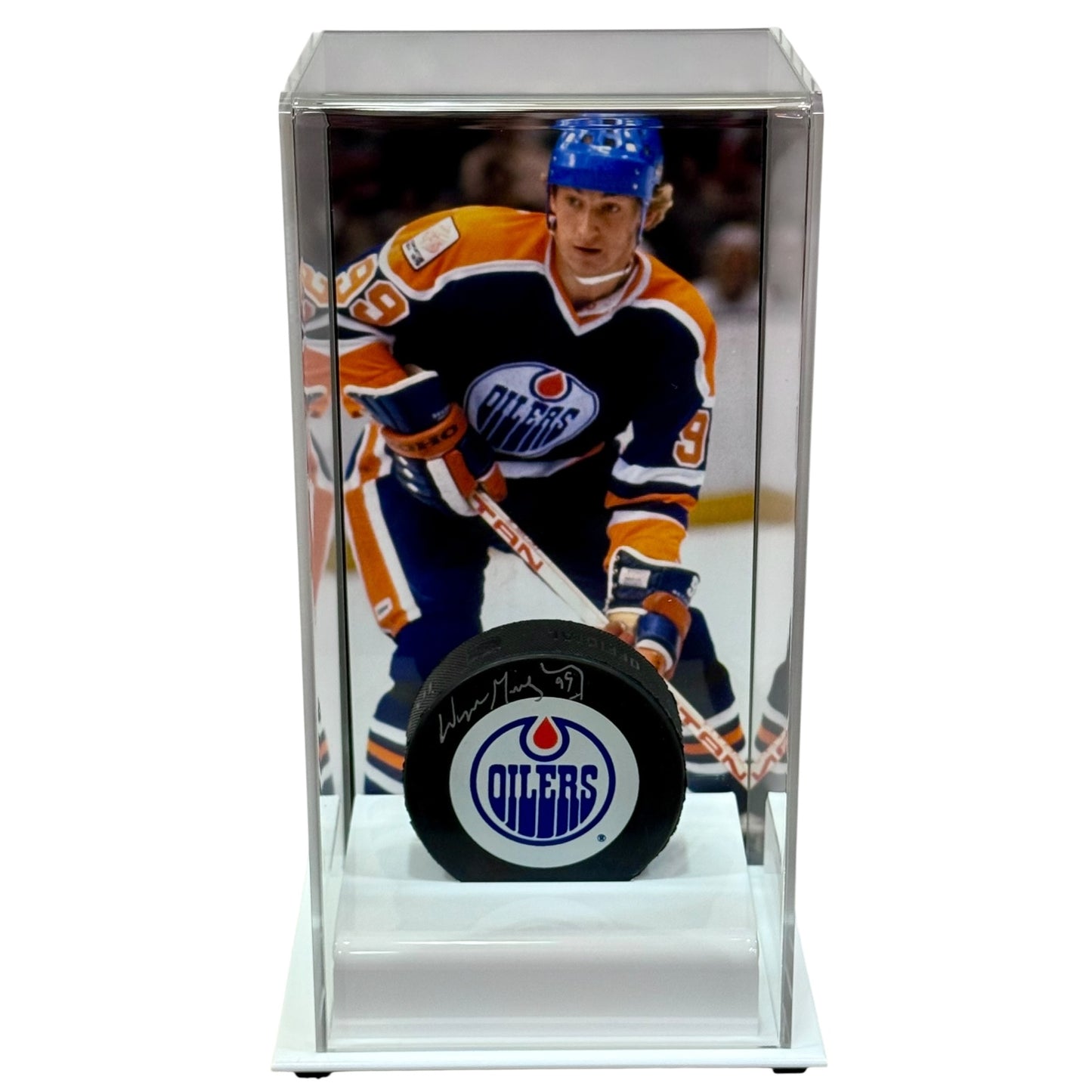Wayne Gretzky Autographed Edmonton Oilers Hockey Puck with Tall Case - JSA