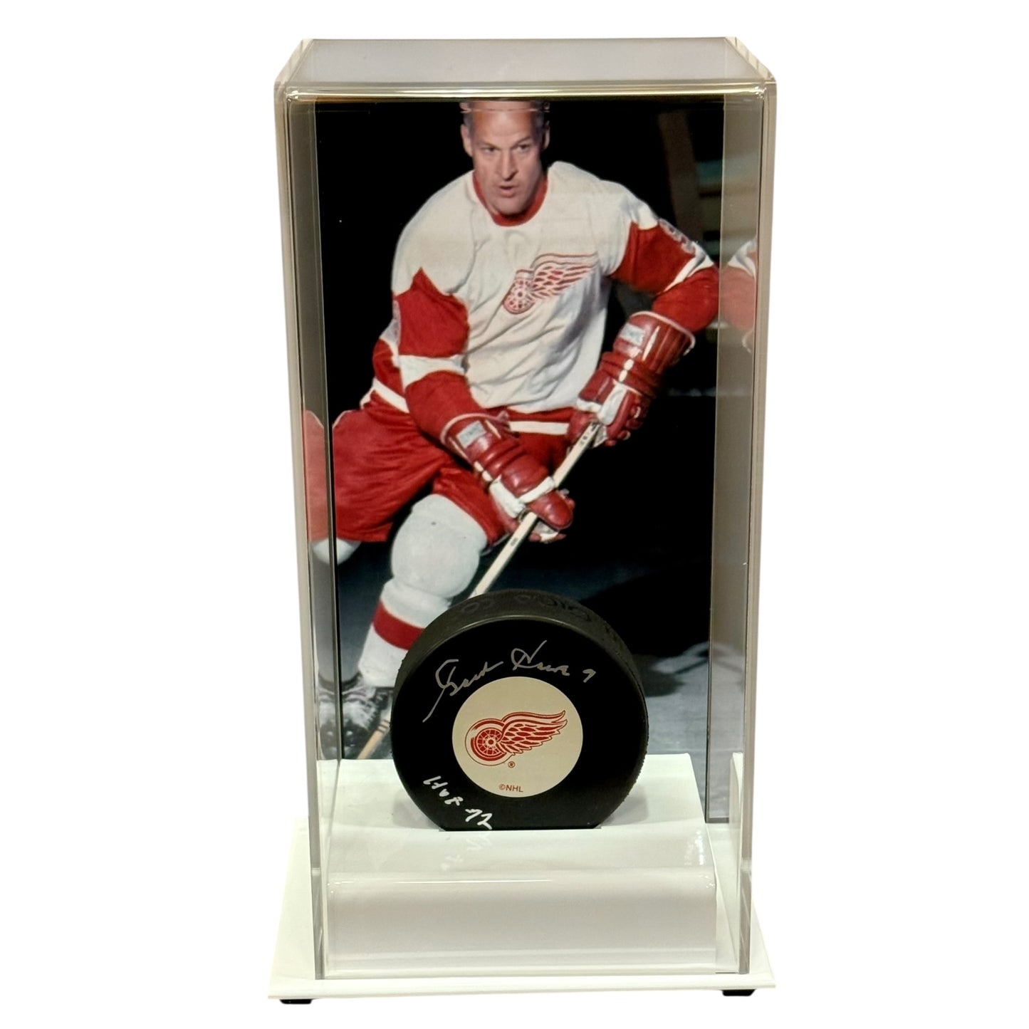Gordie Howe "HOF 72" Autographed Detroit Red Wings Hockey Puck with Tall Case - JSA
