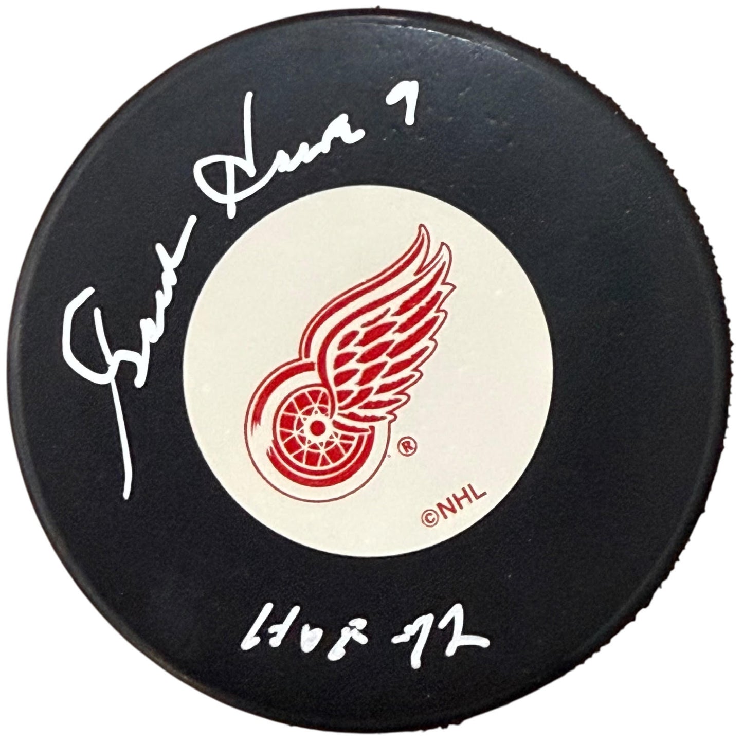 Gordie Howe "HOF 72" Autographed Detroit Red Wings Hockey Puck with Tall Case - JSA