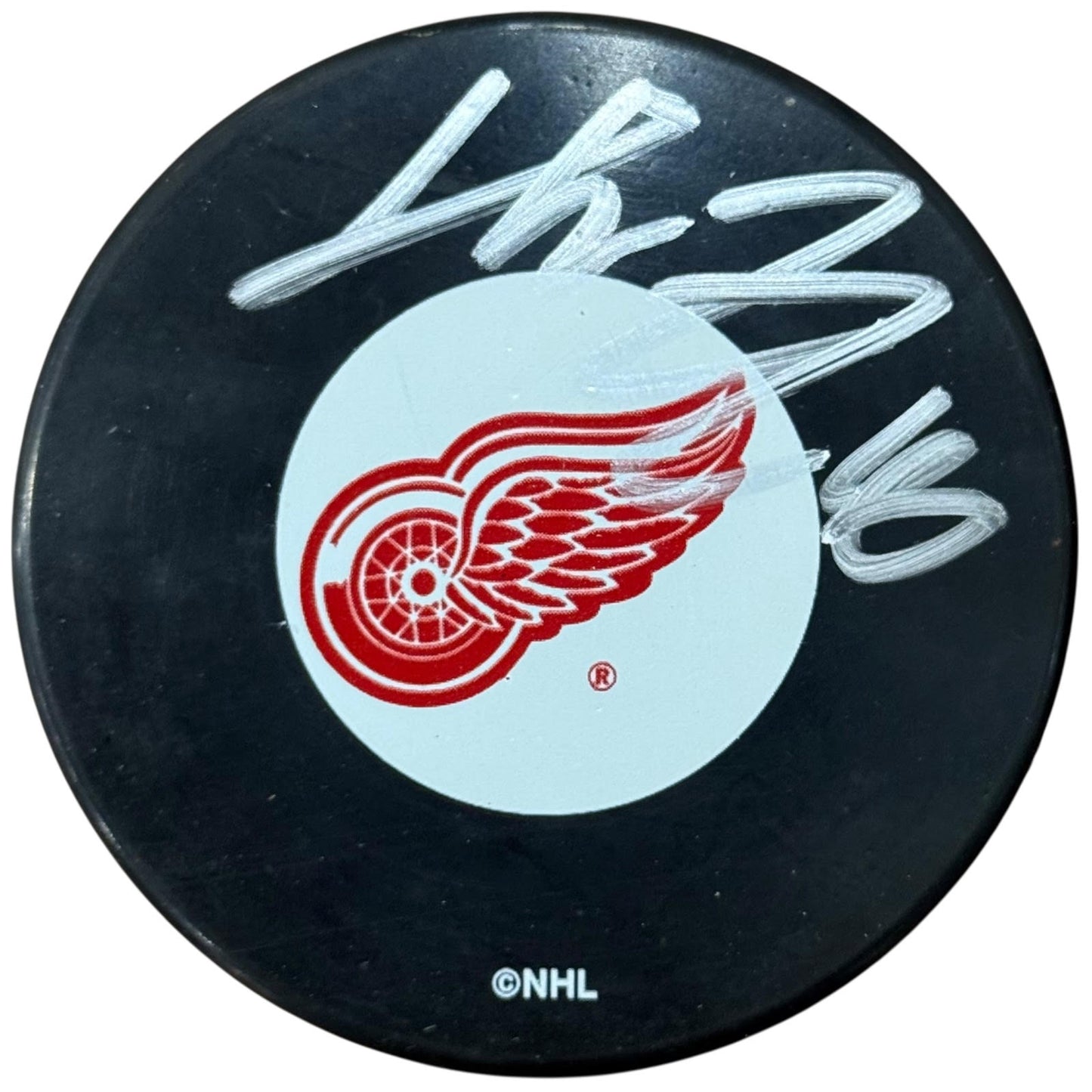 Henrik Zetterberg Autographed Detroit Red Wings Hockey Puck with Tall Case - JSA