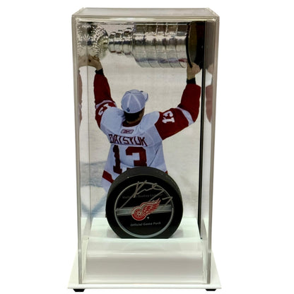 Pavel Datsyuk Autographed Detroit Red Wings Hockey Puck with Tall Case - JSA