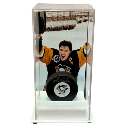 Mario Lemieux Autographed Pittsburgh Penguins Hockey Puck with Tall Case - JSA