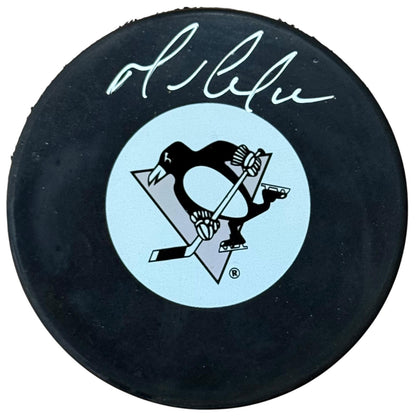 Mario Lemieux Autographed Pittsburgh Penguins Hockey Puck with Tall Case - JSA