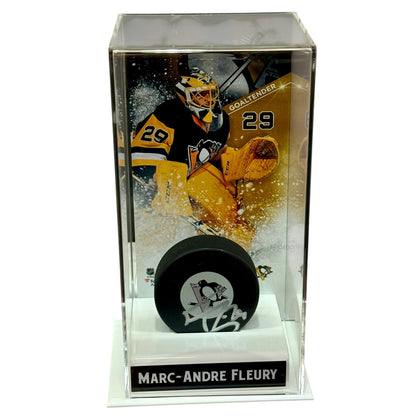 Marc-Andre Fleury Autographed Pittsburgh Penguins Hockey Puck with Tall Case - JSA