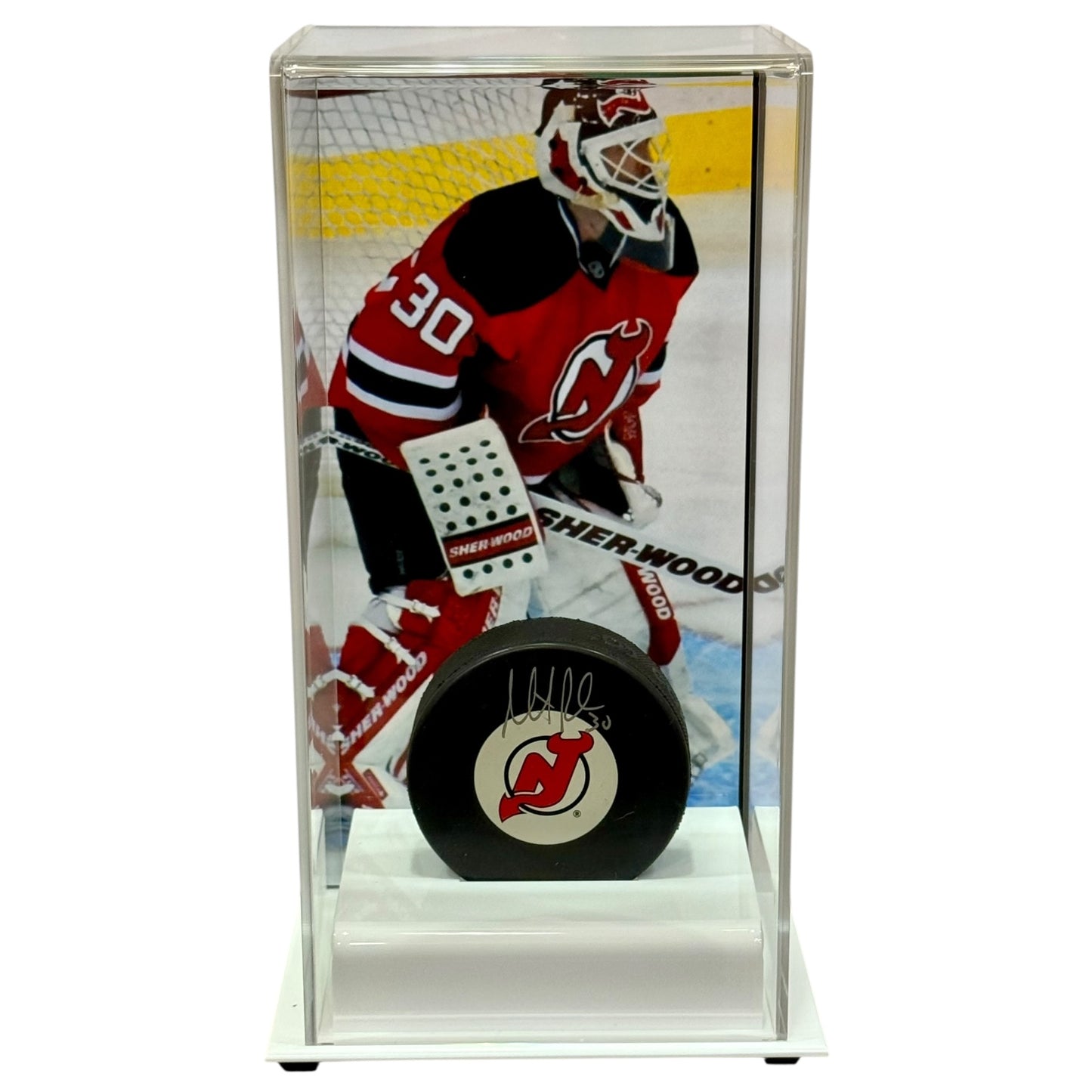 Martin Brodeur Autographed New Jersey Devils Hockey Puck with Tall Case - JSA
