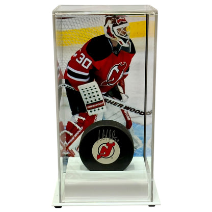 Martin Brodeur Autographed New Jersey Devils Hockey Puck with Tall Case - JSA