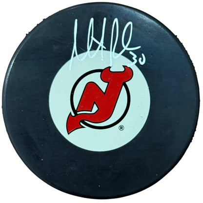 Martin Brodeur Autographed New Jersey Devils Hockey Puck with Tall Case - JSA