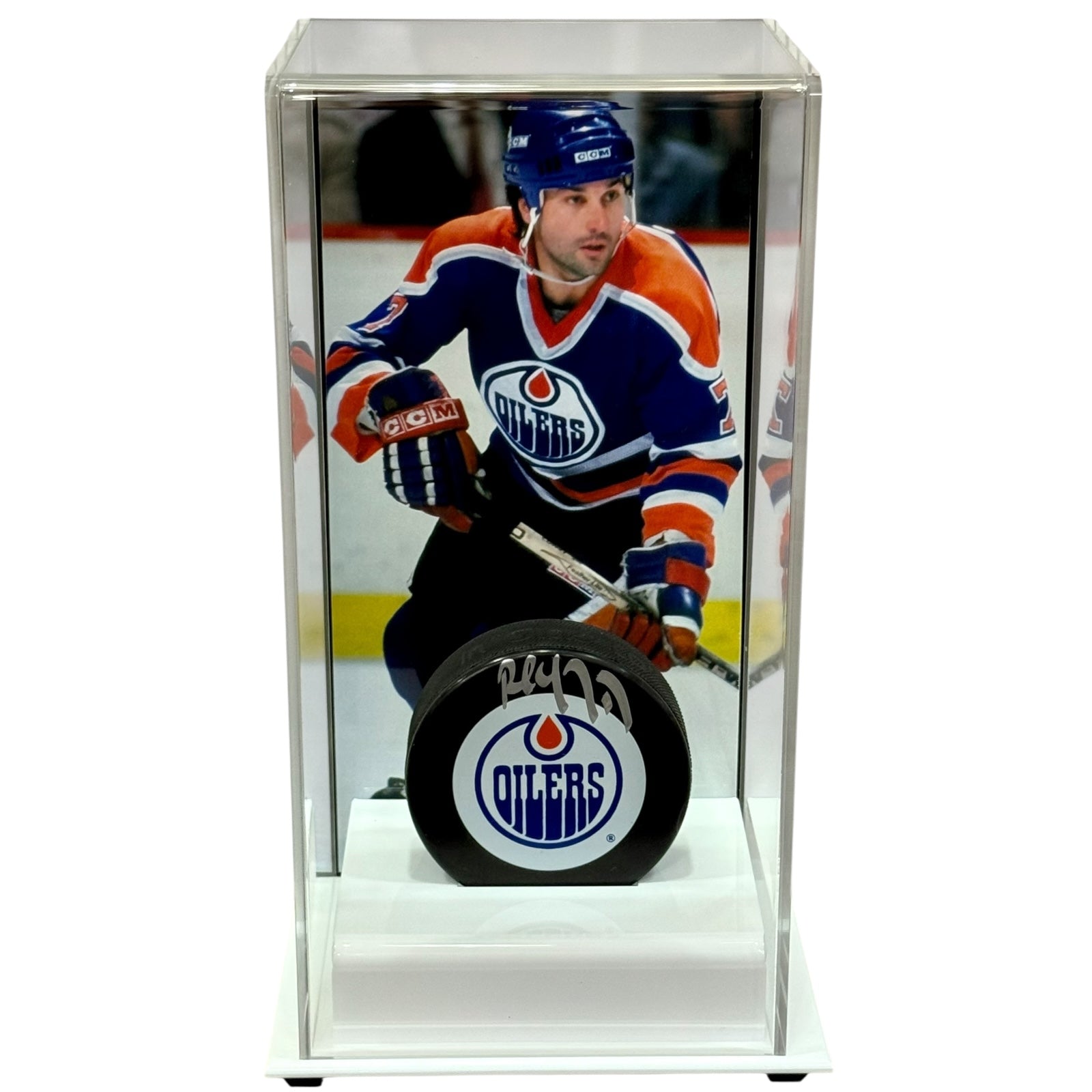 Paul Coffey Autographed Edmonton Oilers Hockey Puck with Tall Case - JSA
