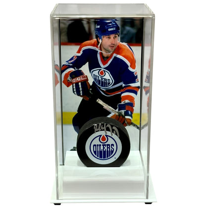 Paul Coffey Autographed Edmonton Oilers Hockey Puck with Tall Case - JSA