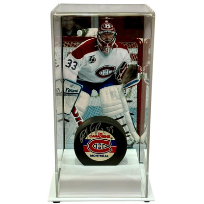 Patrick Roy Autographed Montreal Canadiens Hockey Puck with Tall Case - JSA