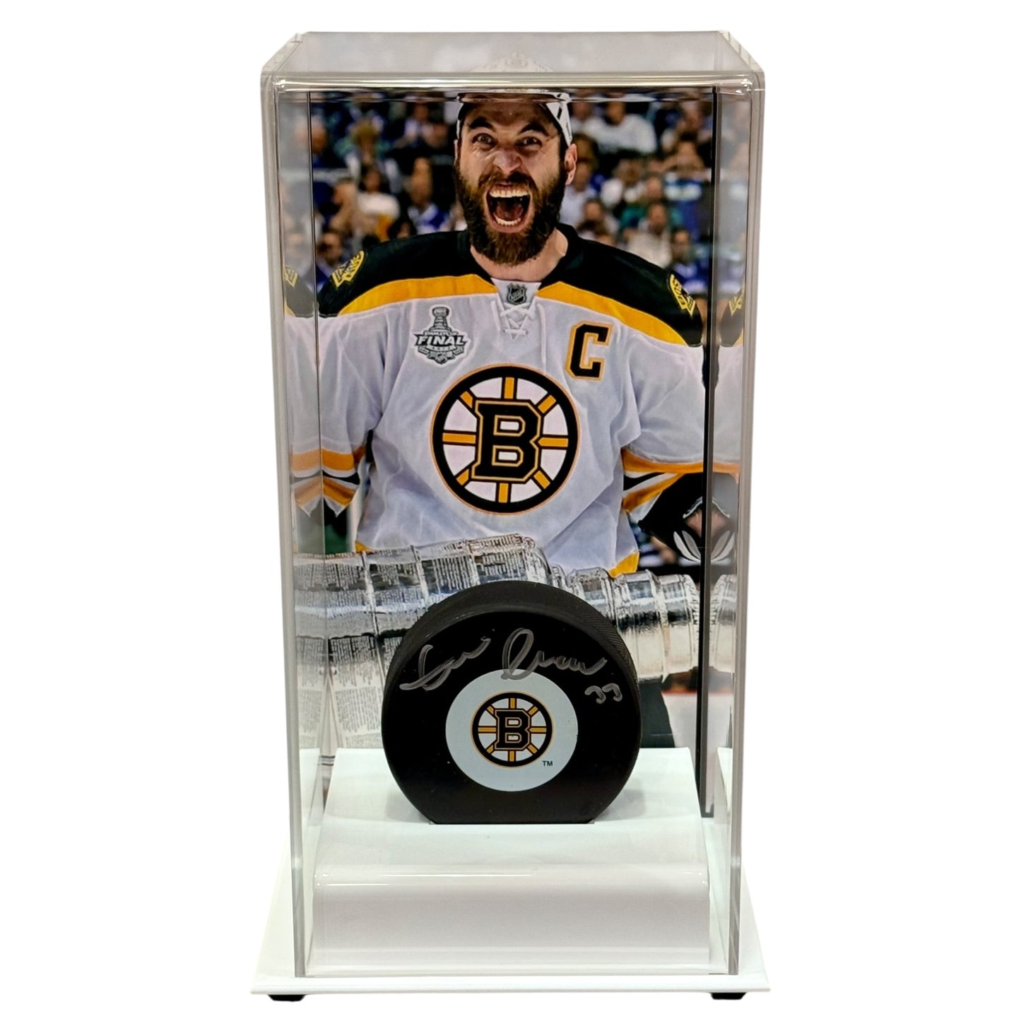 Zdeno Chara Autographed Boston Bruins Hockey Puck with Tall Case - JSA