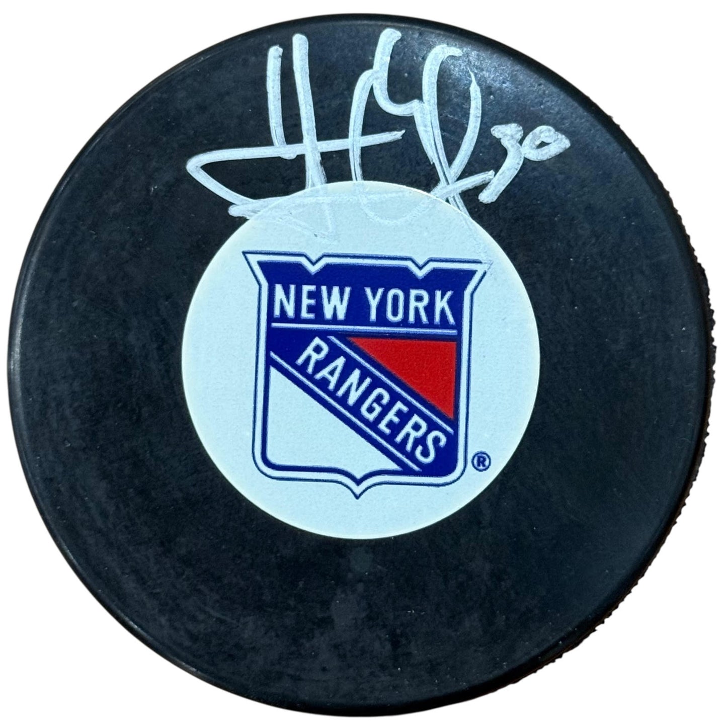 Henrik Lundqvist Autographed New York Rangers Hockey Puck with Tall Case - PSA