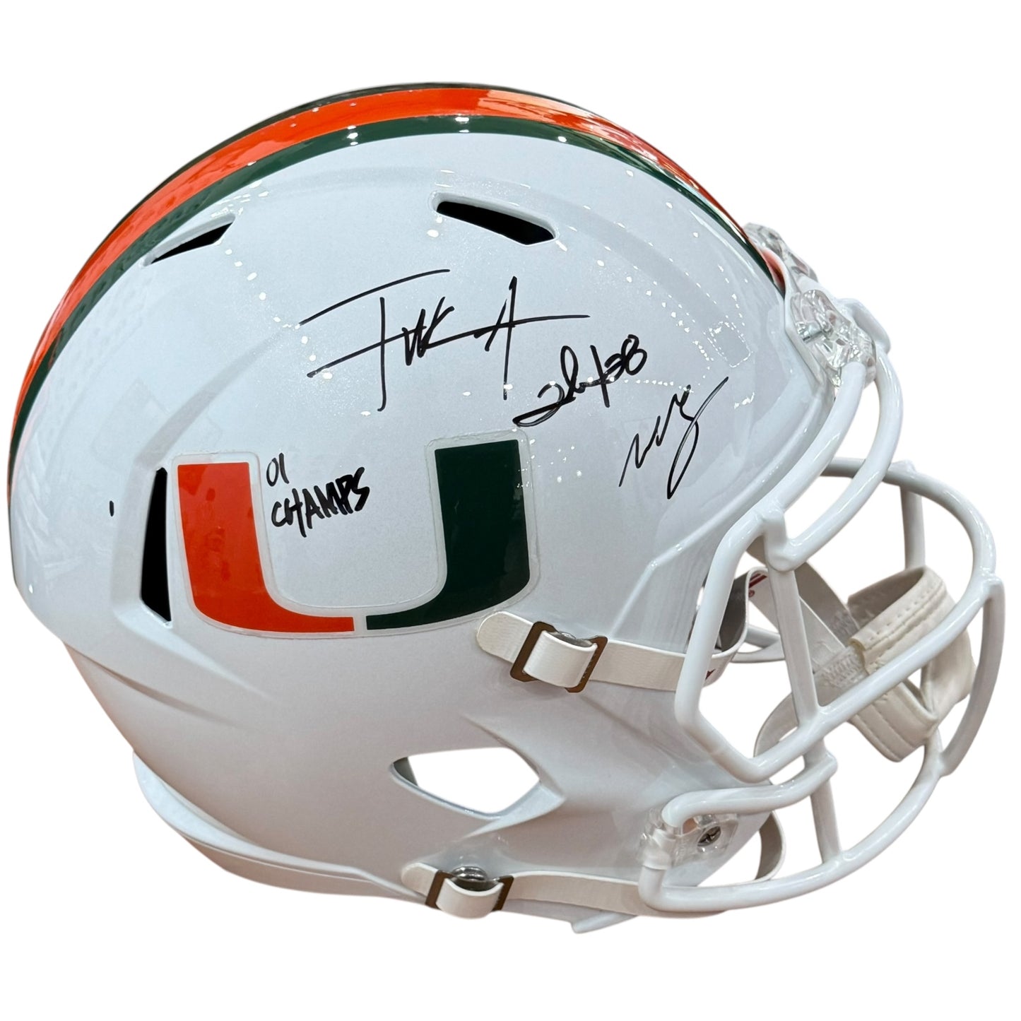 2001 Miami Hurricanes Running Backs Autographed (Speed) Deluxe Full-Size Replica Helmet w/ "01 CHAMPS" - JSA