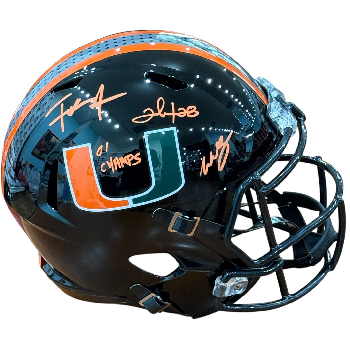 2001 Miami Hurricanes Running Backs Autographed (Gloss Black) Deluxe Full-Size Replica Helmet w/ "01 CHAMPS" - JSA