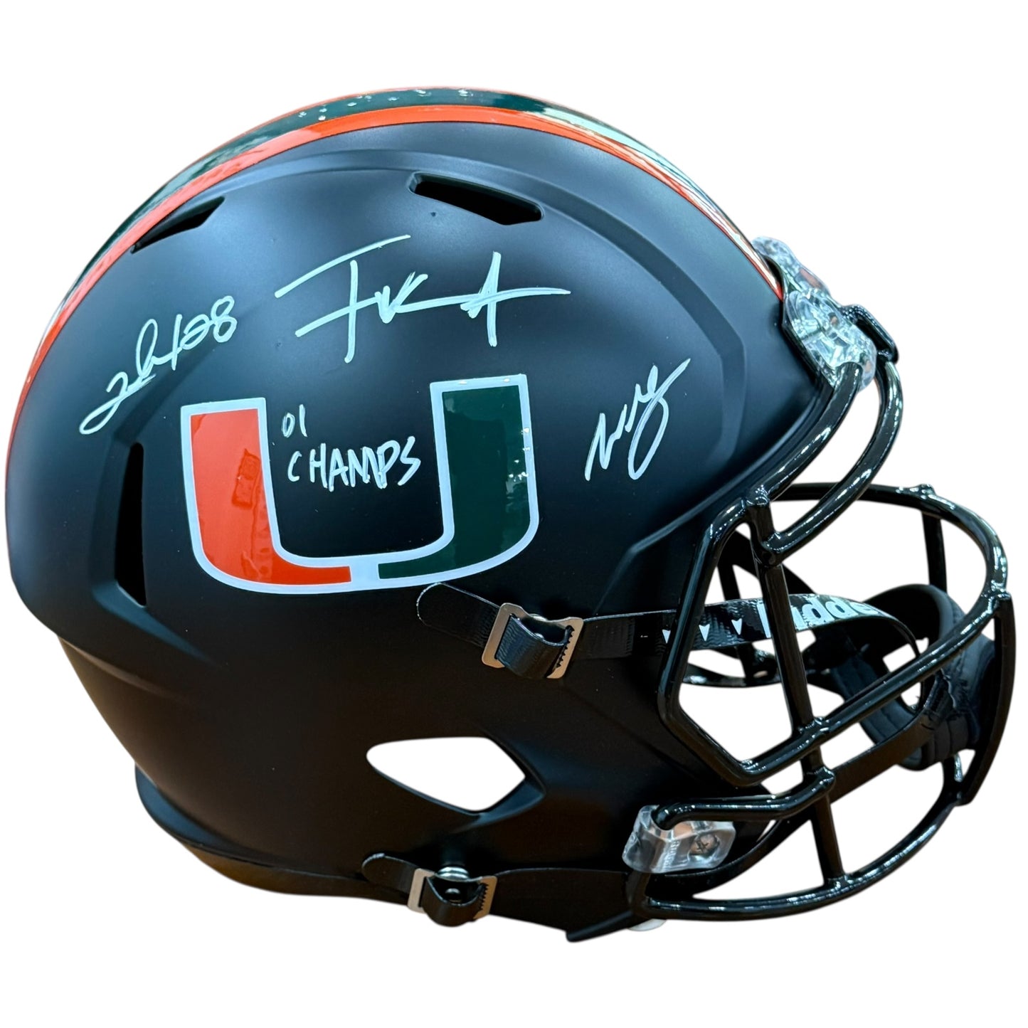 2001 Miami Hurricanes Running Backs Autographed (Matte Black) Deluxe Full-Size Replica Helmet w/ "01 CHAMPS" - JSA