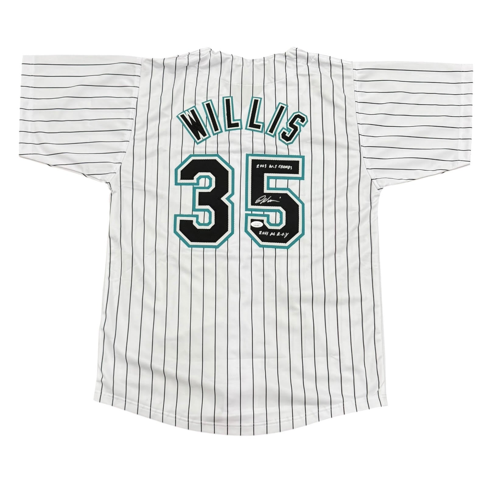 Dontrelle Willis Autographed Florida Marlins (Pinstripe #35) Custom Jersey w/ 2003 ROY & WS Champs - JSA