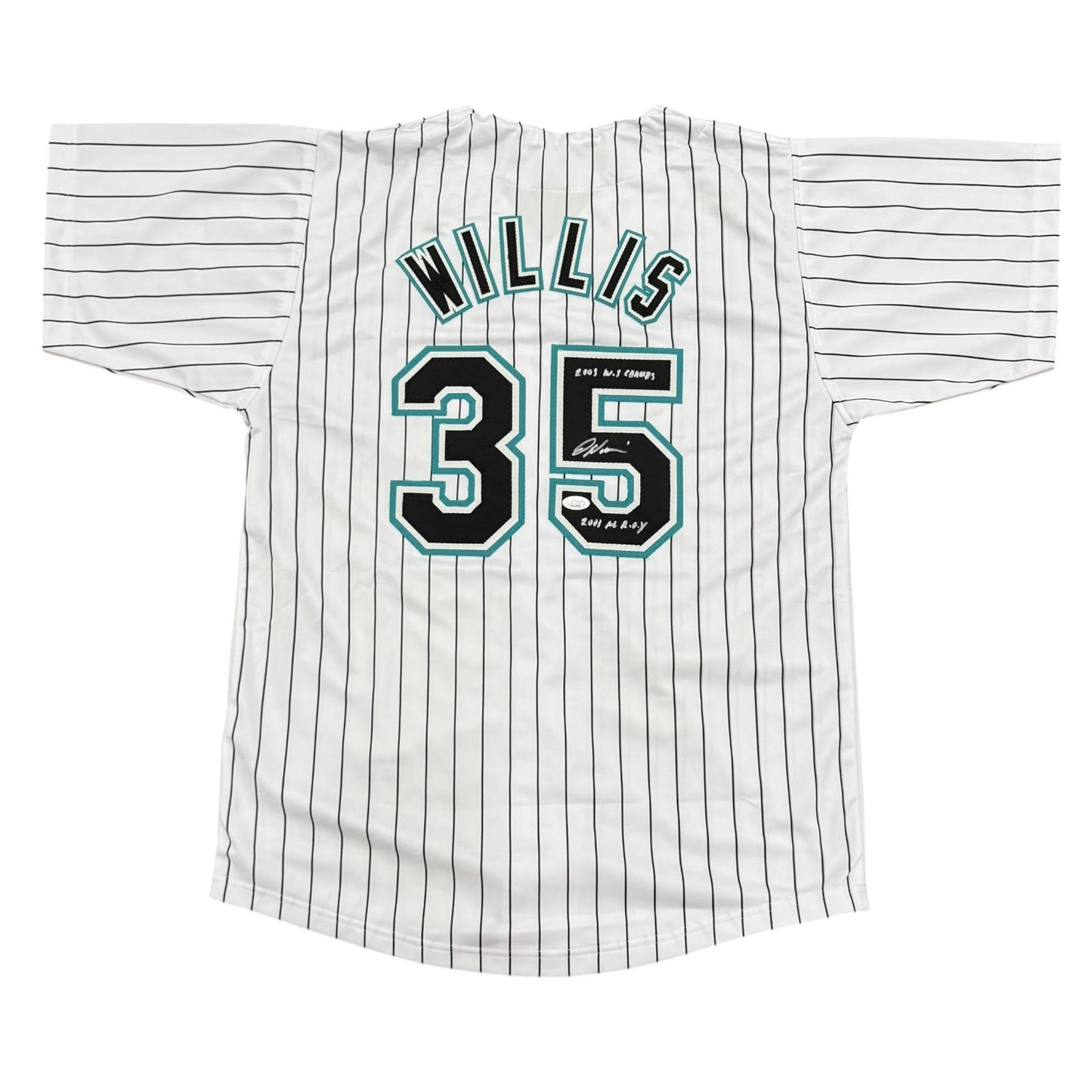 Dontrelle Willis Autographed Florida Marlins (Pinstripe #35) Custom Jersey w/ 2003 ROY & WS Champs - JSA