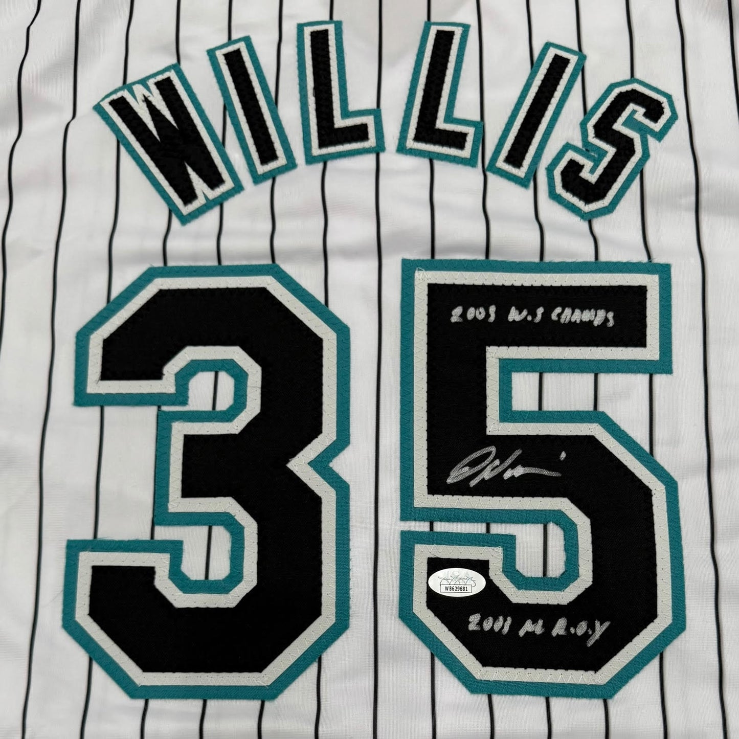 Dontrelle Willis Autographed Florida Marlins (Pinstripe #35) Custom Jersey w/ 2003 ROY & WS Champs - JSA